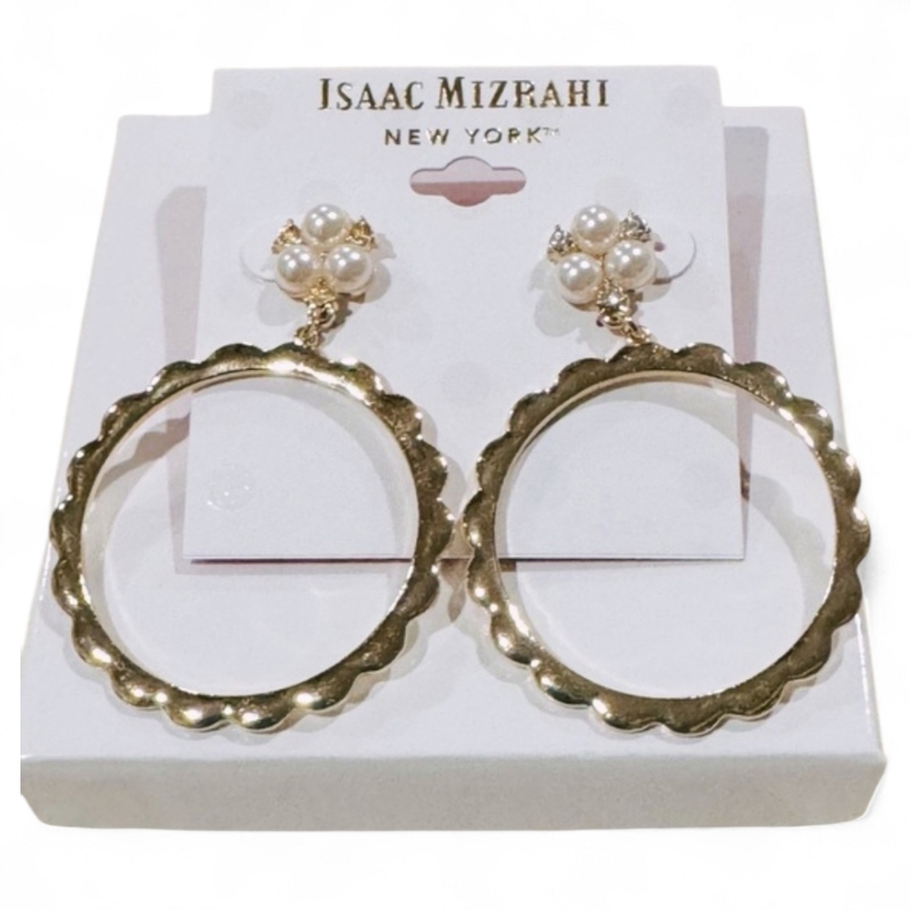 Isaac Mizrahi Gold Scalloped Hoop Earrings with Pearl Clusters